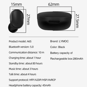 TWS Bluetooth 5.0 слушалки A6S безжични слушалки Слушалките с шумопотискане с калъф за слушалки на iPhone Huawei Samsung