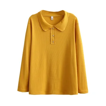 Нови дамски есен-зима плюс размер блузи за жени голяма дълъг ръкав свободни лацканы памук бутон жълта тениска 3XL 4XL 5XL 6XL