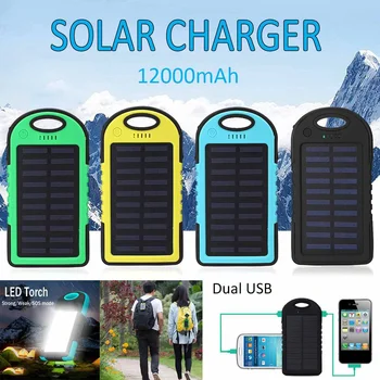 LED Solar Panel преносим водоустойчив Банка 12000mAh Dual USB Solar Battery bank преносимо зарядно устройство за мобилен телефон