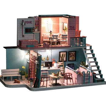 Направи Си Сам Миниатюрен Куклена Къща Комплект За Кафе Са Ръчно Изработени Модел На Голяма Дървена Къща Roombox Коледен Подарък Играчка За Деца На Куклен Мебели За Дома
