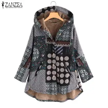 2019 ZANZEA етнически палто с принтом Дамски ежедневни връхни дрехи с дълъг ръкав кожа подплата якета дамски ветровка с качулка, S-5XL върховете