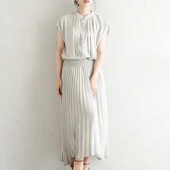 Solid Color Pleaed Long Dress Women Summer Short Sleeve Ankle-Length Korean Japanese Causal Plain Dress Vestidos Preppy Style