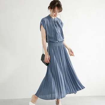 Solid Color Pleaed Long Dress Women Summer Short Sleeve Ankle-Length Korean Japanese Causal Plain Dress Vestidos Preppy Style