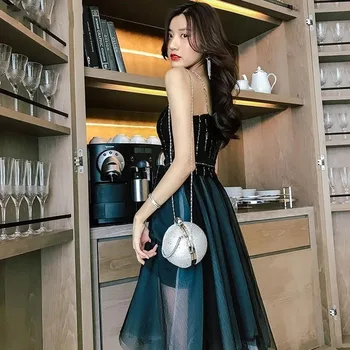 Лятна парти Black Fairy Dress жени лук Секси ръкави спагети каишка френски Dress 2020 нов ежедневни едно парче Dress Koean