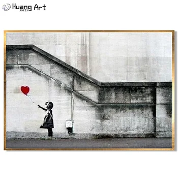 Ръчно рисувани модерен пейзаж маслена живопис за всекидневна Декор на стената на изкуството картини Момиче и сърцето балон пейзаж върху платно