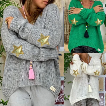 Жените звезда печат V neck пуловер нова мода причинно дълъг ръкав, плетени пуловери есен и зима свободни кашмир скок върховете дръпна