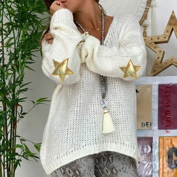 Жените звезда печат V neck пуловер нова мода причинно дълъг ръкав, плетени пуловери есен и зима свободни кашмир скок върховете дръпна