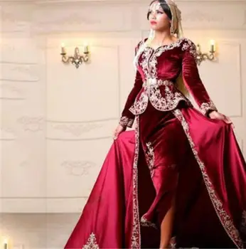 Бордо мюсюлмански вечерни рокли обвивка V-образно деколте с дълги ръкави и апликация Ислямски Дубай кафтан Абая саудитски арабски дълга вечерна рокля