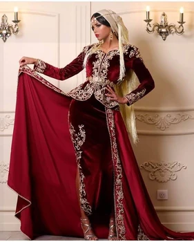 Бордо мюсюлмански вечерни рокли обвивка V-образно деколте с дълги ръкави и апликация Ислямски Дубай кафтан Абая саудитски арабски дълга вечерна рокля