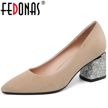 FEDONAS мода елегантни жени детски велурени обувки 2020 пролет лято Нови ежедневни остър нос пайети дебел ток малки обувки жена