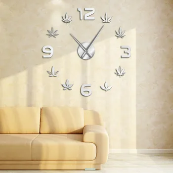 Зелен арт фитотерапия мълчалив кварцов стенен часовник лист марихуана направи си САМ 3D акрилни огледален ефект часовник Saat Декор на стая