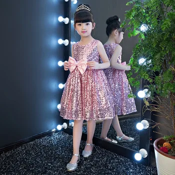 Момичета рокля на партията Коледа 2020 нов в блестках лук Златна вечерна рокля шампанско децата принцеса рокли за момичета дрехи