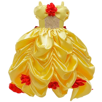 The Beauty and The Beast Dress Kids Коледно Парти Cosplay Princess Belle Costume Flowers Print Off Shoulder Prom Dress