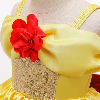 The Beauty and The Beast Dress Kids Коледно Парти Cosplay Princess Belle Costume Flowers Print Off Shoulder Prom Dress