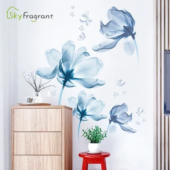 Романтичен син цветя стикер на стената хол, спалня декор начало фона на декора на стените самозалепващи стикери за украса на стаята
