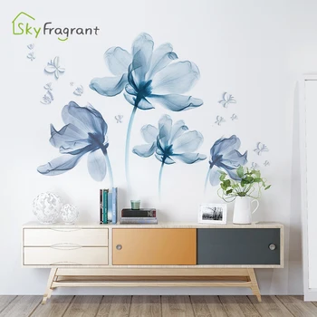 Романтичен син цветя стикер на стената хол, спалня декор начало фона на декора на стените самозалепващи стикери за украса на стаята