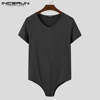 INCERUN Men Solid Color T Shirt Bodysuit Zipper Short Sleeve V Neck Небрежно Секси Мъжки Гащеризон Tee Върховете фитнес градинска облекло Тениски