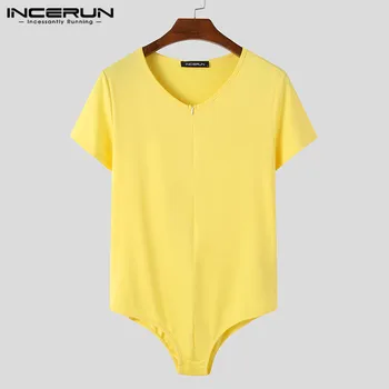 INCERUN Men Solid Color T Shirt Bodysuit Zipper Short Sleeve V Neck Небрежно Секси Мъжки Гащеризон Tee Върховете фитнес градинска облекло Тениски