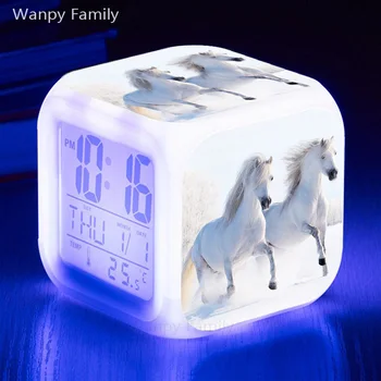 Снежно бяло кон LED alarm clock 7 Цвят на нажежен Multifunctio digital alarm clock светещи електронни часовници в детската стая
