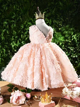 2021 детски летни рокли розова дантела деца момичета Кръщение рокля апликация момиче рожден ден на Кръщението, рокля на Принцеса костюм