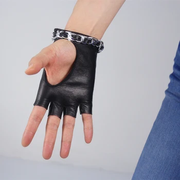 Сензорен екран ръкавици от овча кожа, дамски естествена кожа черна на тънък хастар кадифе топли зимни ръкавици сребърна верижка