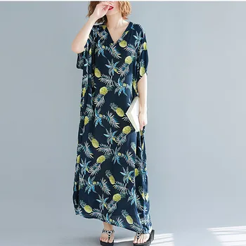 Johnature Summer New Bohemia Plus Size 6 цвята, Multi Print Long Vacation Dresses V-образно деколте Batwing Губим Casual Women До 2021