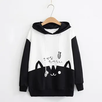 Жените hoody котка печат качулки kawaii Japanes пуловери свободни случайни дълги ръкави, джоб hoody блуза, блузи sudadera mujer