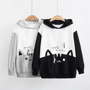 Жените hoody котка печат качулки kawaii Japanes пуловери свободни случайни дълги ръкави, джоб hoody блуза, блузи sudadera mujer