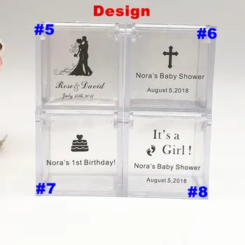 12 бр./лот персонални сватбена подарък кутия Baby Shower благосклонно се отнася до голям размер квадратна прозрачна пластмасова кутия шоколадови бонбони с индивидуални етикети