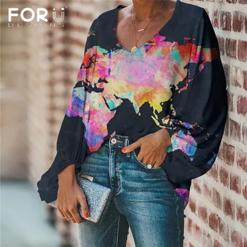 FORUDESIGNS блуза дамски карта на света модел дамски потници и блузи 2020 плюс размер ризи Дамски дрехи
