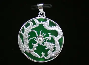 Безплатна доставка сребърен комплект зелен нефрит дракон, феникс висулка колие изискани бижута