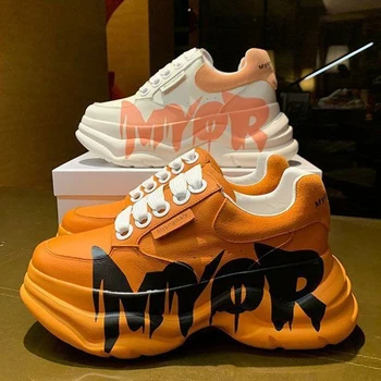 Оранжев изкуствена изкуствена кожа шиене мозайка азбука графити дебели долни маратонки дизайнер водоустойчив чрез шнурове подобряване на обувки