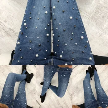 Бродирани разкроена дънки дамска мода-тънки и тесни дънкови панталони High Street Blue Black проблемни дънки с пайети 2019