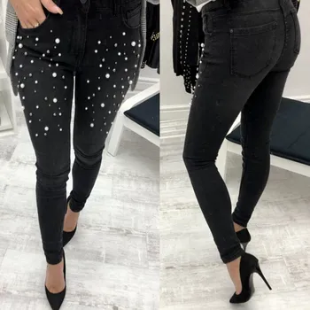 Бродирани разкроена дънки дамска мода-тънки и тесни дънкови панталони High Street Blue Black проблемни дънки с пайети 2019