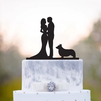 Mr&Mrs Wedding cake topper,Bride&Groom and Welsh corgi Silhouette cake topper,Couple and corgi dog Wedding cake Decor Supplies