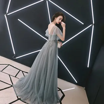 Вечерни рокли с V-образно деколте Моранди син илюзия във апликация тюл a-line с дължина до пода, плюс размера на индивидуални вечерна рокля R1589