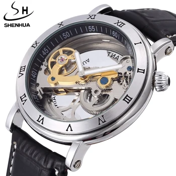 Топ Luxury Automatic Mechanical watch men Brand hollow skeleton leather неръждаема стомана мода steampunk самостоятелно wind водоустойчив