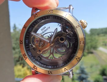 Топ Luxury Automatic Mechanical watch men Brand hollow skeleton leather неръждаема стомана мода steampunk самостоятелно wind водоустойчив