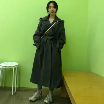 Дамски тренч корейски стил на отдих A-line двубортный колан палто Harajuku плътен тренч реколта извънгабаритни якета есен шик