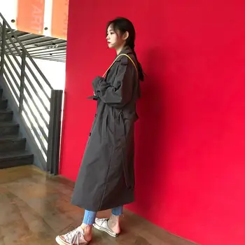 Дамски тренч корейски стил на отдих A-line двубортный колан палто Harajuku плътен тренч реколта извънгабаритни якета есен шик