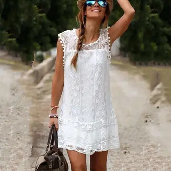 дамски летен плаж жени ежедневното дантела без ръкави плаж къса рокля с четка мини рокля 7.3 безплатна доставка