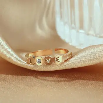 Мода Циркон кухи любов неръждаема стомана отворен пръстен дамски Kpop запознанства розово злато регулируема пръст на бижута, аксесоари, пръстени