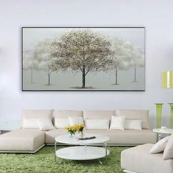 Горски пейзаж сребърни дървета за декорация на стени, ръчно рисувани с маслени бои върху платно изкуство пикюра плакат за дневна спалня