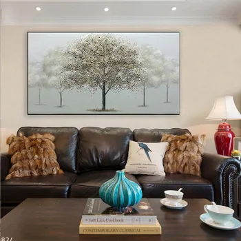 Горски пейзаж сребърни дървета за декорация на стени, ръчно рисувани с маслени бои върху платно изкуство пикюра плакат за дневна спалня