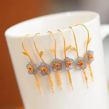 Природни Hetian Ясен нефрит малко цвете обеци китайски стил ретро малък тънък пискюл Даймен фея Марка сребърни бижута