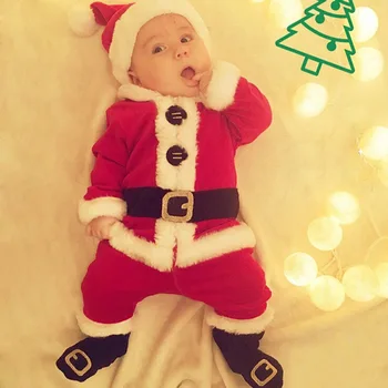 Младенческие децата Дядо Коледа костюм с дълъг ръкав потник+панталон+шапка+чорап високо качество 4шт коледен костюм Baby Baby Boy Girl Set