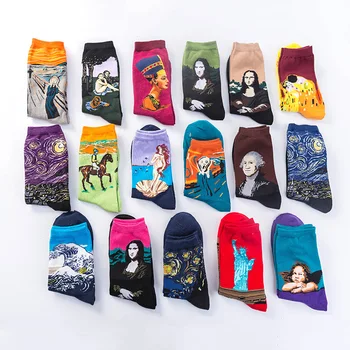 Цветни памучни мъжки, дамски чорапи новото изкуство на световно прочутата картина с маслени бои карикатура harajuku ретро звезди са новост щастлив забавен подарък