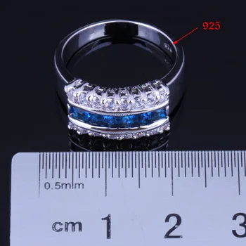 Грациозен син кубичен цирконий Бял CZ посребрени бижута комплекти обеци с висулка верига пръстен V0005