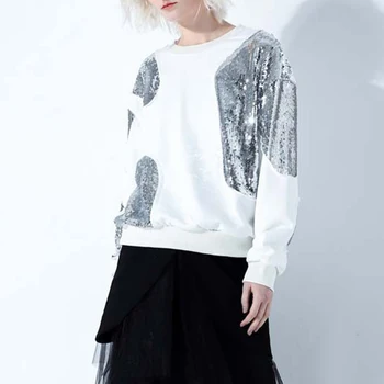 TOWTWINSTYLE асиметричен мозайка пайети ежедневни Sweatershirt за жени O врата с дълъг ръкав свободни Swertershirts женски 2020 нов