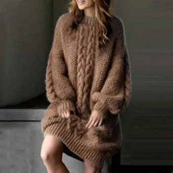 Жена вязаное рокля-пуловер 2020 мода с дълги ръкави плътен цвят ежедневни О-образно деколте, секси екипировки пуловери S-5XL нова есен зима